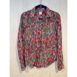 Ann Washburn Floral Button Down Shirt Size L Red Green